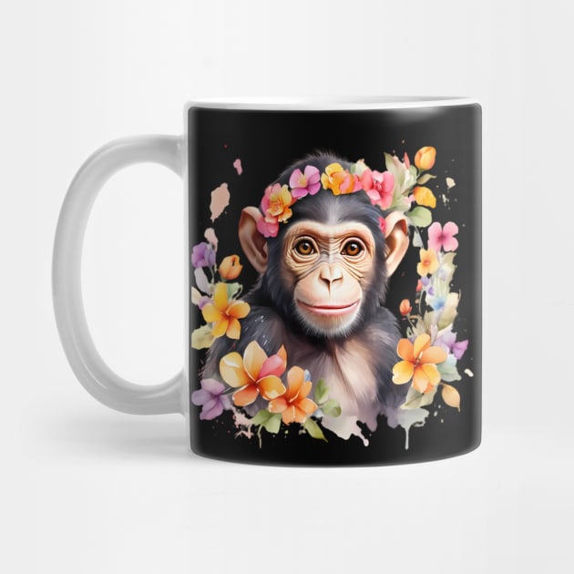 A baby chimpanzee decorated with beautiful watercolor flowers by CreativeSparkzz